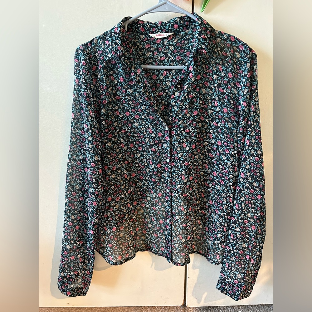 Vintage-Inspired Black Floral Button-Up Blouse - Small Pink Floral